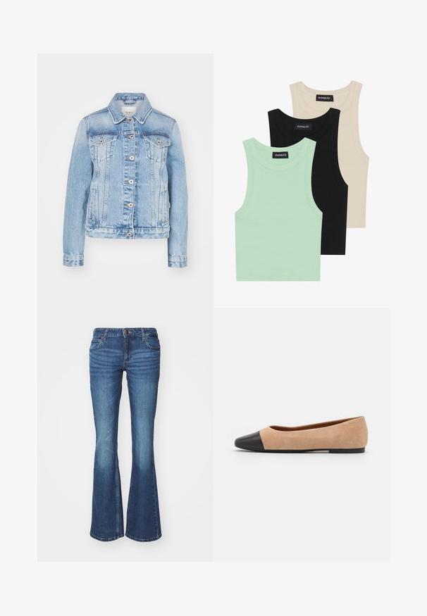 Svijetloplava traper jakna s klasičnim ovratnikom, prednjim dugmadi, dvjema džepovima na prsima i bočnim prorezima s kontrastnim šavovima.; Tri majice bez rukava u boji mente, crnoj i bež boji; izrađene od rebraste tkanine s okruglim izrezom. Vidljiva oznaka branda.; Široke traperice u srednje plavoj boji denima. Imaju zatvaranje na munju s metalnim dugmetom, dva prednja džepa i detalje izbljeđivanja blizu koljena.; Bež balerinke od suede materijala s crnim kožnim zaobljenim vrhom, niskom potpeticom i glatkom površinom, s minimalnim šavovima i čistim dizajnom.