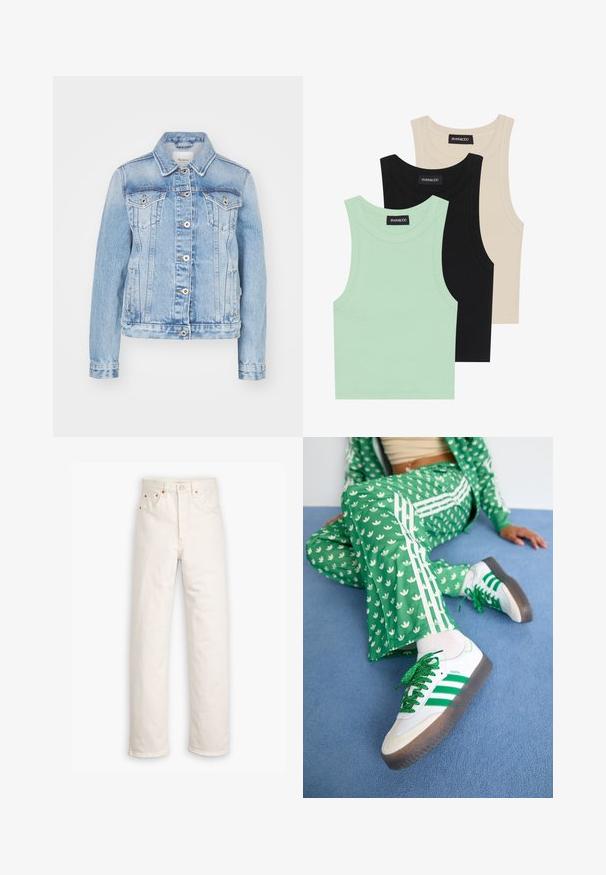Valkoinen sininen farkkutakki, jossa on klassinen kaulus, etunapit, kaksi rintataskua ja sivureikätaskut kontrastitikkauksella.; Kolme tanktoppi mintunvihreänä, mustana ja beigeenä; ribbikankaasta valmistettu, pyöreällä kaula-aukolla ja ilman hihoja. Brändilabel näkyvissä.; Valkoiset farkuhousut suoran lahkeiden muotoilulla, viiden taskun tyylillä ja kuparisilla yksityiskohdilla. Raaka helma lopussa nilkoissa.; Vihreä kuviollinen urheiluasu, jossa on valkoisia kukkakuoseja ja valkoisia raitoja, yhdistettynä valkoisiin tossuihin, joissa on vihreät raidat ja kimaltavat nauhat.