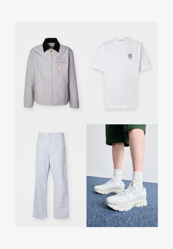 Jachetă gri deschis, fabricată dintr-un material durabil, cu un guler din catifea neagră, închidere cu fermoar, buzunar frontal și patch cu logo pe piept.; Tricou alb din bumbac, cu mâneci scurte, guler rotund și un mic logo brodat albastru "C" pe partea stângă a pieptului.; Pantaloni drepți, de culoare albastru deschis, din bumbac. Au un buzunar frontal, fermoar și un singur nasture din metal la talie.; Pantofi sport albi cu suprapuneri texturate, talpă masivă și accente gri. Purtați cu șosete albe până la glezne și pantaloni scurți verzi pe o suprafață albastră.