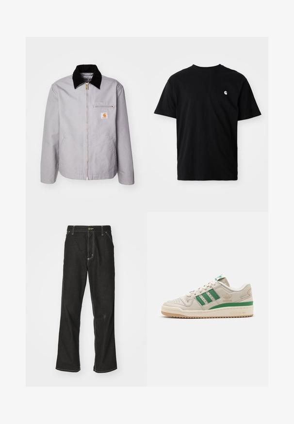 Šviesiai pilkas švarkas, pagamintas iš patvarios medžiagos, su juodu špagato apykakle, užtrauktuku, priekinėmis kišenėmis ir logotipo žyme ant krūtinės.; Juoda medvilninė marškinėliai su apvaliu kaklu, trumpomis rankovėmis ir maža balta logotipu kairėje krūtinės pusėje. Matomos šoninės siūlės. Minkšta tekstūra.; Juodi džinsai su laisvu siluetu, turintys kontrastingas balto siūlo siūles, mygtuko uždarymą ir tiesų kojos dizainą.; Adidas sportbačiai su kreminės spalvos odiniu viršumi, žaliais dryžiais ir guminėmis padangomis. Yra paminkštinta apykaklė ir perforuota nosis, užtikrinanti oro pralaidumą.