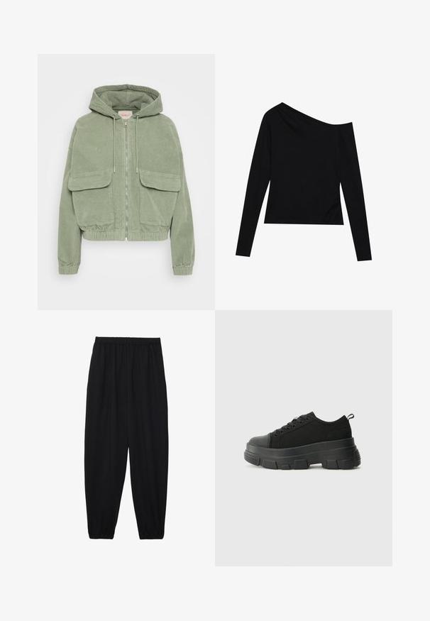 Zaļš kordūra jaka ar kapuci, priekšējā rāvējslēdzēja aizdare, divi lieli priekšējie kabatas un elastīgs apakšmalā un piedurknēs, lai nodrošinātu pieguļošu formu.; Melnā garie piedurknes krekls ar asimetrisku dekoltē un pieguļošu dizainu, izgatavots no mīksta, gluda auduma. Nav redzamu rakstu vai metāla detaļu.; Melnas, vieglas bikses ar elastīgu jostu un savilktiem potītiem. Audums ir gluds un to raksturo brīva, sašaurināta forma.; Melnas kedas ar masīvu gumijas zoli, teksturētu auduma augšdaļu, apaļu purngalu un saistīšanas dizainu. Iekļautas pastiprinātas acs atveres un aizmugurējais cilpiņas siksniņa.
