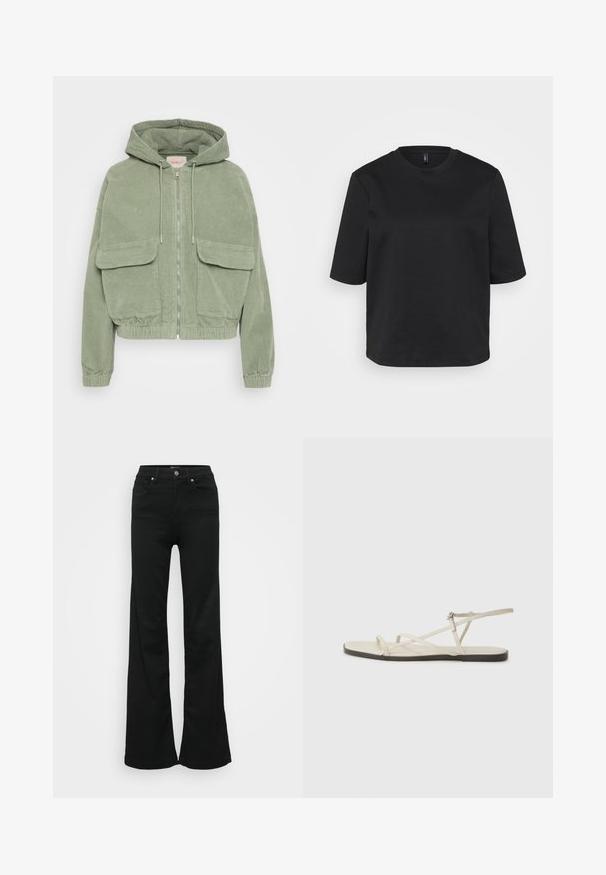 Zelena kordura jakna s kapuljačom, zatvaranje na patentni zatvarač sprijeda, dva velika prednja džepa i elastika na rubu i manžetama za prilagođeni oblik.; Crna majica s okruglim izrezom i kratkim rukavima napravljena od pamuka, s ležernim krojem. Glatka tekstura bez vidljivih uzoraka ili akcenta.; Crne široke traperice od denima, s visokim strukom, pet džepova i metalnim zatvaračem. Glatka tekstura s minimalnim detaljima.; Bež sandala na ravnom potplatu s više tankih trakica i podesivom kopčom. Potplat je ravan s blagim tamnim kontrastom na rubu.