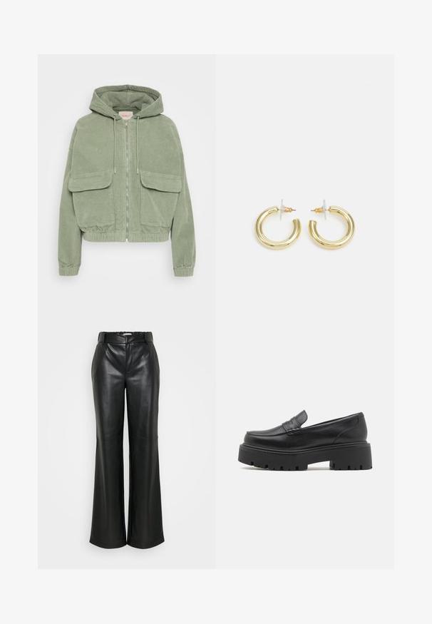Zelena kordna jakna s kapuco, sprednjim zadrgo, dvema velikima sprednjima žepoma in elastičnim robom ter manšetami za oprijet kroj.; Črna rebrasta majica s turtleneck ovratnikom, kratkimi rokavi, prilegnjenim dizajnom, mehkimi vlakni, minimalnimi šivi in visokim ovratnikom.; ONLY Tall ONLSMOOTH WIDE - Hlače - black; Črne usnjene loaferke z nizkim, robustnim gumijastim podplatom, šivanim detajlom na zgornjem delu in gladko teksturo.; Zlate uhane v obliki obročkov z gladko, sijočo površino. Krožna zasnova s majhnim nosilcem in prozornim podplatom za varno nošenje.