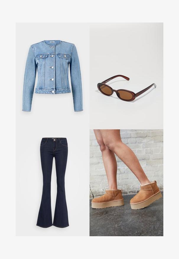 Világoskék farmerdzseki hosszú ujjakkal, gombos záródással, két mellzsebbel és fitted fazonnal. Klasszikus gallérral és látható varrásokkal rendelkezik.; Fekete, rövid ujjú garbó felső bordás anyagból, amely karcsú fazonnal és magas galléros dizájnnal rendelkezik. Egyszerű és textúrázott minta.; Sötét farmer anyagú, trapéz szabású nadrág, amelynek szűkített dereka van, elülső gombos záródással, öt zsebes kialakítással és varrási részletekkel a lábak mentén.; Barna velúr bokacsizma puha béléssel, vastag bézs platformtalppal és hátsó húzófüllel. Texturált felület látható varrási részletekkel.; Kerek, barna árnyalatú napszemüveg fényes burgundi kerettel. Karcsú karok diszkrét márkázással. Lapos lencse kialakítás.