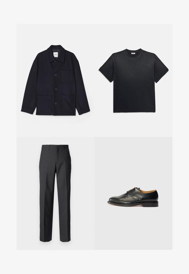 Tamsiai mėlynas vilnos mišinio švarkas su apykakle, mygtukų užsegimu ir dviem priekinėm kišenėm. Lygus paviršius ir paprastas dizainas.; Juodas medvilninis marškinėliai su apvaliu kaklu ir trumpomis rankovėmis. Turi laisvą siluetą, lygią tekstūrą ir minimalistinį dizainą.; Tamsiai pilki pritaikyti kelnių, turinčių lygų priekį, diržo kilpas ir tiesią kojų kirpimą; lygi tekstūra, be matomų raštų.; Juodas odinis suknelės batelis su lygiu paviršiumi, apvalia nosimi ir minimaliai surišamais raišteliais. Joje yra subtilus dizainas ir žemas, tvirtas gumos padas.