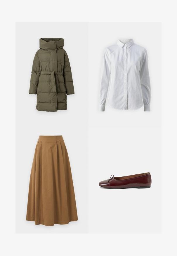 Polsterte Parka-Jacke in Olivgrün, mit hohem Kragen, tailliert mit Gürtel, langen Ärmeln und horizontaler Stepptextur.; Weißes Hemd mit Knöpfen, aus glattem Baumwollstoff, mit klassischem Kragen, langen Ärmeln und abgerundetem Saum. Die Knöpfe sind klein und weiß.; Brauner Baumwoll-A-Linien-Rock mit hoher Taille, der vorne Falten aufweist und eine glatte Textur hat. Der Saum ist sauber und einfach verarbeitet.; Burgunderfarbenes, lackiertes Ballettschuh mit abgerundetem Zehenbereich, kleiner Schleifenakzent vorne und einer niedrigen, schwarzen Gummisohle. Glatte Textur.