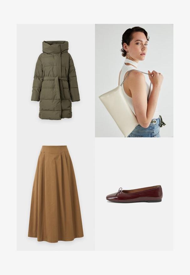 Olíva zöld, párnázott parka kabát, magas nyakkivágással, övvel a derékrészen, hosszú ujjakkal és vízszintes steppelt textúrával.; Fehér, sima pamutből készült gombos ing, klasszikus gallérral, hosszú ujjakkal és ívelt hemvéggel. A gombok kicsik és fehérek.; Barna pamut A-vonalú szoknya magas derékkal, elöl pliszézett és sima textúrával. Az alsó szegélyek letisztultak és egyszerűek.; Burgundi lakkbőr balettcipő kerek orral, elöl kis masni díszítéssel és alacsony, fekete gumi talppal. Simára csiszolt felület.; Fehér, téglalap alakú, fényes anyagból készült clutch táska, ezüst láncos pánttal. A modell pózol, bemutatva a táskát egy egyszínű háttér előtt.