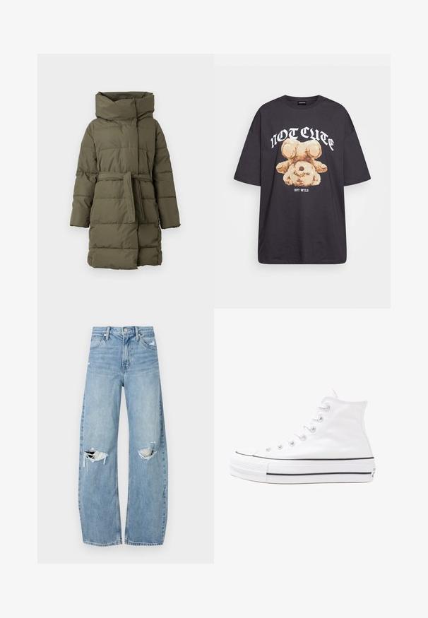 Manteau parka rembourré en vert olive, avec un col montant, une taille ceinturée, des manches longues et une texture matelassée horizontale.; T-shirt noir oversize avec un graphique d'un ours et le texte « PAS MIGNON MAIS SAUVAGE » en lettres blanches, en gras. Matériau en coton.; Jeans en denim bleu clair à taille haute. Présentent des jambes larges, deux zones déchirées aux genoux et un style classique à cinq poches.; Baskets montantes en toile blanche avec semelle en caoutchouc noir, capuchon en caoutchouc à l'avant, et six œillets pour les lacets, présentant un design épuré et minimaliste.