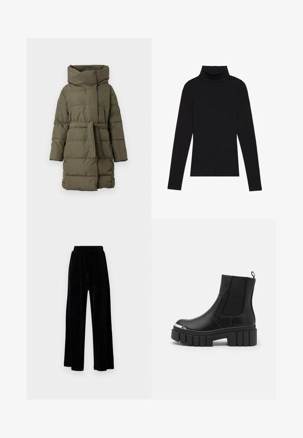 Polstret parkasjakke i olivengrønn, med høy hals, belted liv, lange ermer og horisontalt quiltet tekstur.; Svart høyhalset langermet topp, laget av ribbestrikket stoff, har en tettsittende design med høy hals og uten mønstre eller dekorasjoner.; Sorte vide bukser laget av myk vernet, med elastisk midjebånd og en jevn tekstur, uten synlige detaljer eller mønstre.; Svarte ankelstøvler laget av glatt lær med elastiske paneler, en tykk plattformsåle og en metalltåhette.