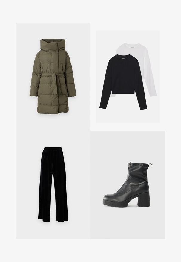 Padded parka plašč v olivno zeleni barvi, z visokim ovratnikom, pasom, dolgimi rokavi in horizontalno prešito teksturo.; Dve dolge majice z dolgimi rokavi: ena črna in ena bela. Obe imata okroglo ovratnico, raglan rokave in mehko mešanico bombaža.; Črne široke hlače iz mehkega žameta, z elastičnim pasom in gladko teksturo, brez vidnih detajlov ali vzorcev.; Črne gležnjarje iz gladke kože z božnim zadrgo, masivnim teksturiranim peto in zaobljeno obliko prstov.