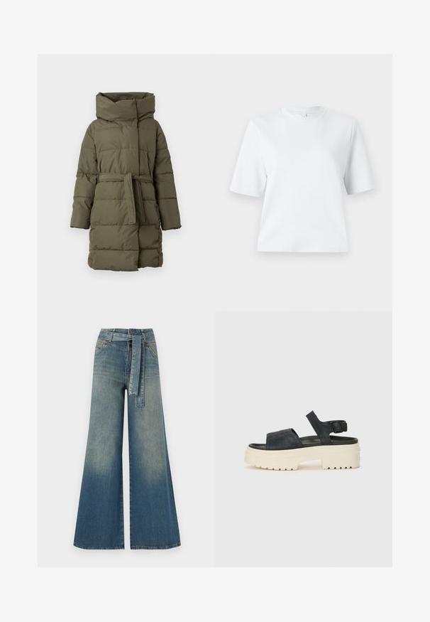 Palton pufos de culoare verde măsliniu, cu guler înalt, talie cu curea, mâneci lungi și textură matlasată orizontal.; Tricou scurt cu mânecă, de culoare bleu deschis, fabricat din bumbac moale. Are un decolteu clasic rotund și o croială lejeră, fără modele sau accente.; Pantaloni din denim largi, cu un gradient de la albastru deschis la albastru închis, talie înaltă, bucle pentru curea și o curea din același material. Finisaj texturat din denim.; Sandale cu platformă din suede negru, cu talpă albă voluminoasă, curea frontală lată și baretă reglabilă pentru glezna. Talpă texturată pentru aderență.