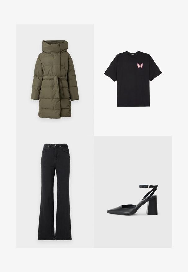 Abrigo parka acolchado en verde oliva, con un cuello alto, cintura ceñida con cinturón, mangas largas y textura acolchada horizontal.; Camiseta de algodón negra de manga corta, con un pequeño gráfico de mariposa rosa en el lado izquierdo del pecho. Diseño de cuello redondo con un corte relajado.; Jeans de mezclilla negros de cintura alta con pierna acampanada, botón frontal y diseño de cinco bolsillos sobre un fondo blanco liso.; Zapato de tacón puntiagudo de cuero negro con tira en el tobillo y tacón ancho. Textura plana, diseño elegante y estética minimalista.
