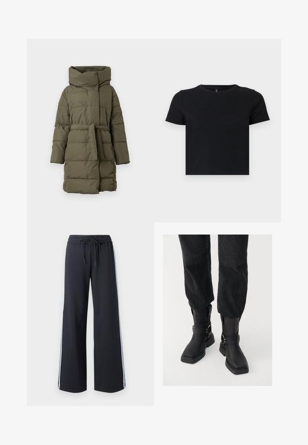 Padded parka w kolorze oliwkowym, z wysokim kołnierzem, paskiem w talii, długimi rękawami i poziomą pikowaną teksturą.; Czarny t-shirt z krótkim rękawem wykonany z miękkiej bawełny. Posiada okrągły dekolt i dopasowany krój. Gładka tekstura bez wzorów lub akcentów.; Czarne spodnie w szerokim kroju z elastyczną talią i sznurkiem. Posiadają niebieskie boczne paski oraz gładką, miękką fakturę.; Czarne skórzane botki za kostkę z kwadratowym noskiem, z szerokim paskiem i metalowym zapięciem. Botki mają masywną podeszwę i gładką fakturę.