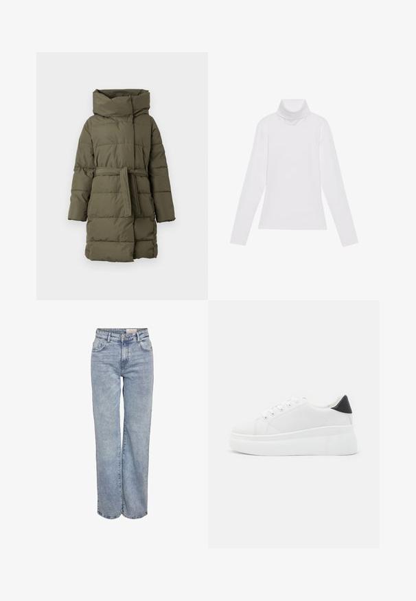 Polsterte Parka-Jacke in Olivgrün, mit hohem Kragen, tailliert mit Gürtel, langen Ärmeln und horizontaler Stepptextur.; Weißes Langarm-Turtleneck-Oberteil aus glattem, elastischem Stoff. Mit hohem Kragen und tailliertem Schnitt, ohne sichtbare Muster oder Verzierungen.; Hellblau weite Jeans aus Denim, mit hoher Taille, fünf Taschen-Design und subtilen Ausbleichungen für einen eingesessenen Look.; Weiße Plateausneaker aus glattem Kunstmaterial, mit runder Zehenform, Schnürdesign und einer strukturierten Gummisohle. Schwarzer Fersenakzent.