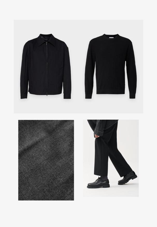 Črna jakna iz gladkega blaga, z zadrgo spredaj, s koničastim ovratnikom in dvema stranskima žepoma.; Črna pletena jopica s krožnim izrezom, dolgimi rokavi in rebrasto teksturo. Ima ravno spodnje robove in minimalističen dizajn.; Teksturirana črna tkanina z mehko, nekoliko sijočo površino, ki prikazuje subtilen vzorec tkanja in gladko padanje.; Črne usnjene čEvlje s zaobljenim nosom, zavezovanjem in debelim, teksturiranim podplatom. Obute z urejenimi črnimi hlačami in rebrastim puloverjem.