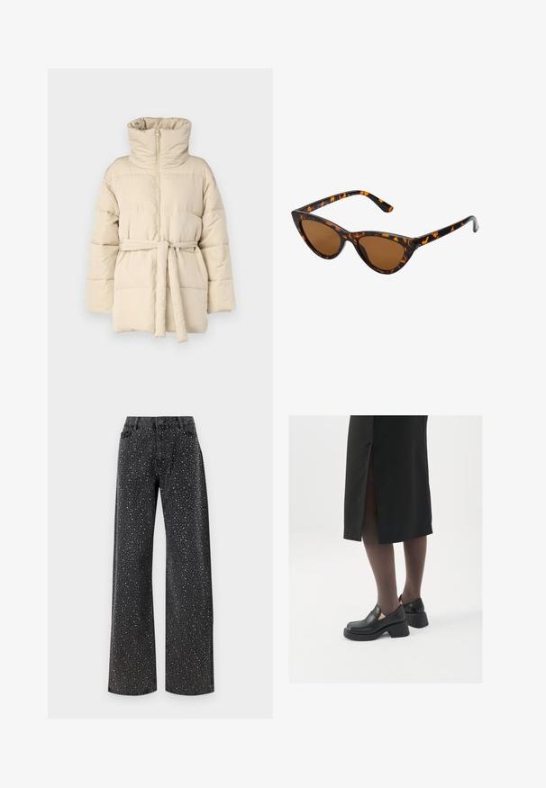 Beige puffer jacket with a high collar, full zip closure, belted waist, and quilted texture. Smooth fabric with no visible patterns or accents.; Sequin button-up shirt in light cream. Features a classic collar, long sleeves, and shiny sequin detailing throughout for a textured look.; Noisy May NMJANNEL LOOSE - Relaxed fit jeans - black denim; Black leather shoes with a rounded toe, thick block heel, and elastic side accents, paired with dark tights and a black skirt with a slit.; Cat-eye sunglasses with a black and orange tortoiseshell frame, brown lenses, and sleek, pointed tips. Features a minimal logo on the temple.; Silver hoop earrings with a minimalist design. Circular shape, smooth texture, and thin profile. Lightweight with a polished finish.