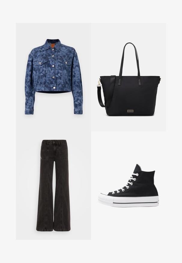 Chaqueta de mezclilla recortada en azul oscuro con un patrón floral, botones plateados, dos bolsillos en el pecho y un cuello clásico. Textura suave.; Camisa de seda de botones con un patrón abstracto en tonos de naranja, rosa y púrpura, con cuello extendido y mangas largas.; Jeans de pierna ancha negros, elaborados en denim, con una cintura alta, bolsillos frontales y costuras tonales a lo largo de las costuras.; Zapatilla alta de lona negra con ojales, cordones y suela de goma blanca. Presenta una puntera texturizada y acentos en negro y blanco.; Bolso tote negro con un exterior de nailon suave, que cuenta con largas asas de cuero, una correa de hombro desmontable y una placa de logo dorada.
