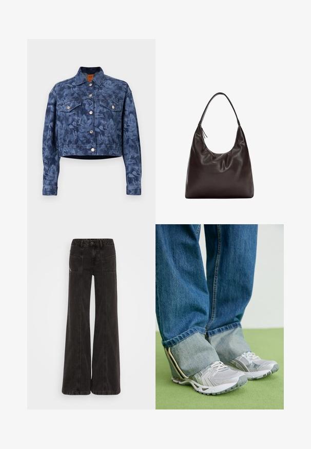 Sötétkék, crop fazonú farmerdzseki virágmintával, ezüst gombokkal, két melltartó zsebbel és klasszikus gallérral. Simított textúra.; Világoszöld, hosszú ujjal rendelkező ing, gombos elülső résszel, gallérral, texturált anyagból készült és nyakkendő részletekkel az ujjaknál. Egyenes hem kialakítás.; Fekete, bő szárú farmernadrág, magas derékkal, elülső zsebekkel és az varratok mentén tónusos cérnával.; Szürke sportcipők, hálós anyagból és fehér részletekkel, kék farmernadrággal, amely a bokánál felhajtott.; Barna bőr válltáska puha, lezser kialakítással. A táska széles pánttal és minimalista formával rendelkezik, amelyet finom textúra egészít ki.