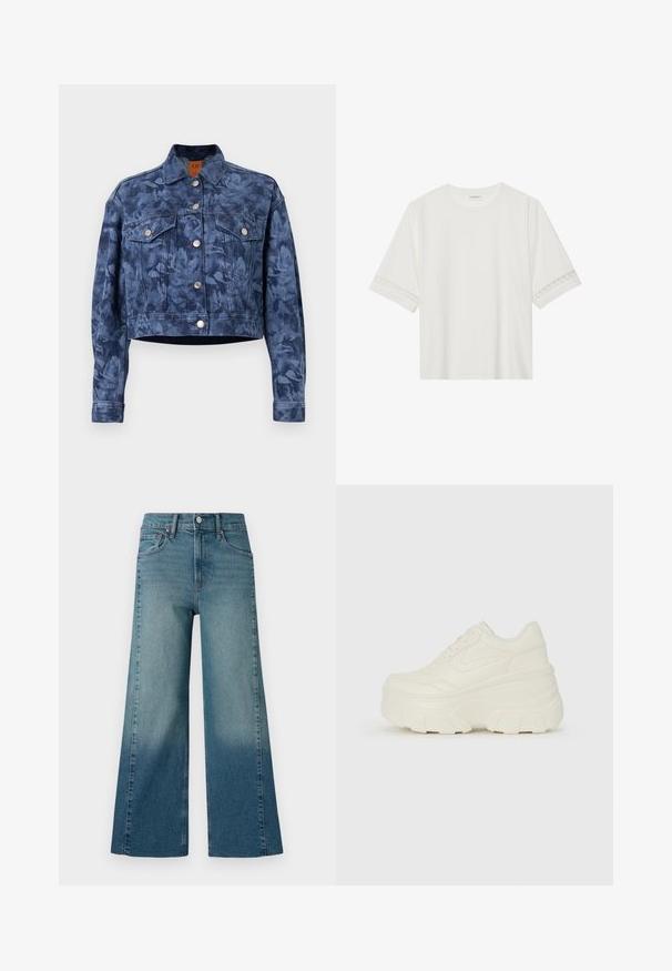 Chaqueta de mezclilla recortada en azul oscuro con un patrón floral, botones plateados, dos bolsillos en el pecho y un cuello clásico. Textura suave.; Camiseta blanca de manga corta hecha de algodón, con un ribete decorativo de encaje en las mangas y un escote redondo.; Jeans de pierna ancha en un lavado azul medio, con un efecto degradado de más oscuro a más claro. Hechos de denim con un diseño tradicional de cinco bolsillos.; Zapatillas de plataforma blancas con un upper suave similar al cuero, forma redondeada, cuello acolchado y suela de goma texturizada con surcos definidos.