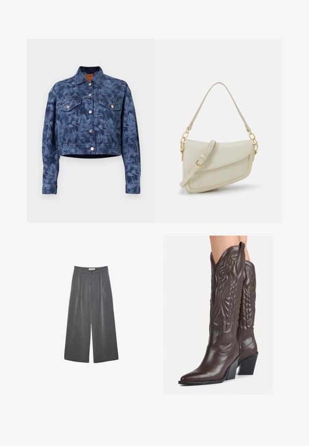 Giacca di jeans cropped di colore blu scuro con motivo floreale, bottoni argentati, due tasche sul petto e colletto classico. Texture liscia.; Top senza maniche bianco realizzato in tessuto a coste, caratterizzato da un collo arrotondato e una silhouette aderente, con cuciture minime e senza decorazioni.; Pantaloni ampi a pieghe in tessuto grigio scuro con una sottile texture. Presentano una chiusura con bottone e un design della vita classico.; Stivali da cowboy in pelle marrone con punta affusolata e tacco a blocco, caratterizzati da dettagliati ricami e accenti rialzati sul gambale.; Piccola borsa a tracolla crema con finitura testurizzata, una lunga tracolla regolabile, un accento a catena e chiusura a patta. Dettagli in hardware dorato.