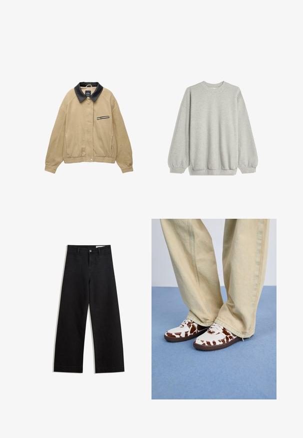 Beige corduroy-takki, jossa on musta nahkakaulus, vetoketjullinen etutasku, joustava helma ja pitkät hihat. Yksinkertainen ja ryhdikäs muotoilu.; Harmaa huppari, joka on valmistettu pehmeästä kankaasta. Siinä on pyöreä kaula-aukko, pitkät hihat elastisilla hihoilla ja rento istuvuus. Ei kuvioita tai korostuksia.; Mustat leveät farkut korkealla vyötäröllä, joissa on etu- ja takataskut, ommellut saumat ja nappisuljenta. Silkinoinen rakenne.; Valkoiset ja ruskeat kuvioidut lenkkarit, joissa on verkko- ja nahkamateriaalit, ruskeilla kumipohjilla. Yhdistetty vaaleanbeigeihin leveänlahkeisiin housuihin.