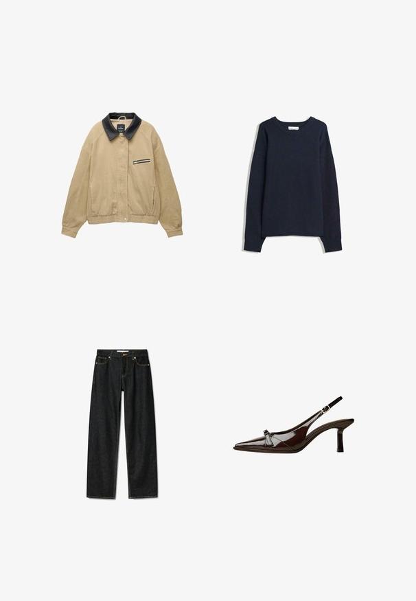 Beige kordfløjljakke med en sort læderkrave, frontlomme med lynlås, elastisk bund og lange ærmer. Simpel og struktureret design.; Mørkeblå sweater med V-hals, lange ærmer, ribbede mansjetter og bil. Lavet af blødt strikmateriale, med en afslappet pasform og minimalistisk design.; Mørke denim jeans med lige snit, messingknaplukning og kontrasterende gul syninger. Har fem lommer og et klassisk fit.; Brun patentlæder slingback sko med spids tå, lav hæl og en dekorativ sløjfe foran. Glat, skinnende tekstur.