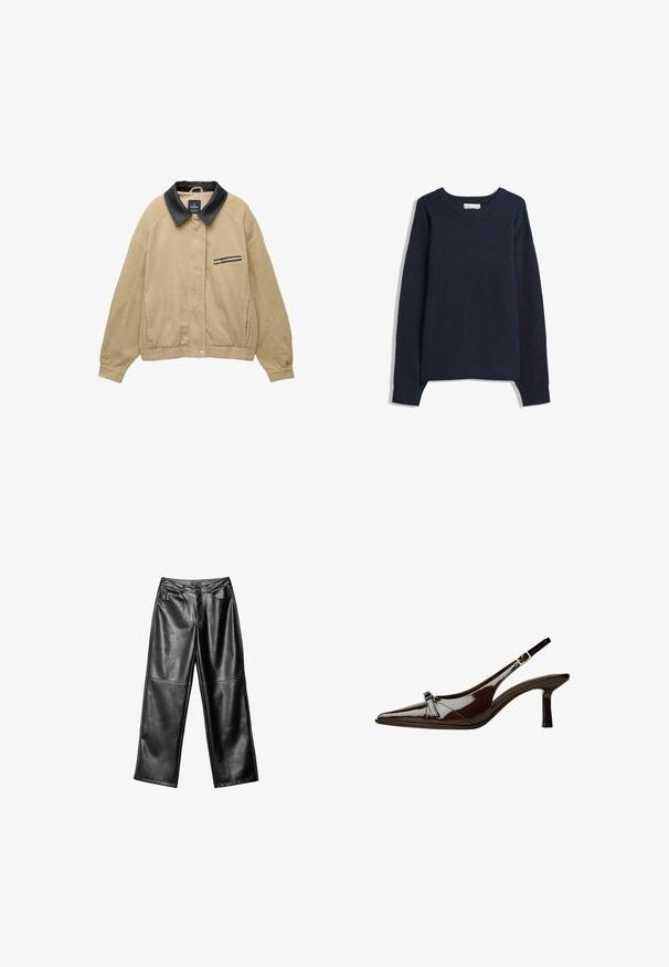 Beige kordfløjljakke med en sort læderkrave, frontlomme med lynlås, elastisk bund og lange ærmer. Simpel og struktureret design.; Mørkeblå sweater med V-hals, lange ærmer, ribbede mansjetter og bil. Lavet af blødt strikmateriale, med en afslappet pasform og minimalistisk design.; Sorte læder wide-leg bukser med en glat tekstur, fem-lomme design og syninger langs benene og taljebåndet.; Brun patentlæder slingback sko med spids tå, lav hæl og en dekorativ sløjfe foran. Glat, skinnende tekstur.