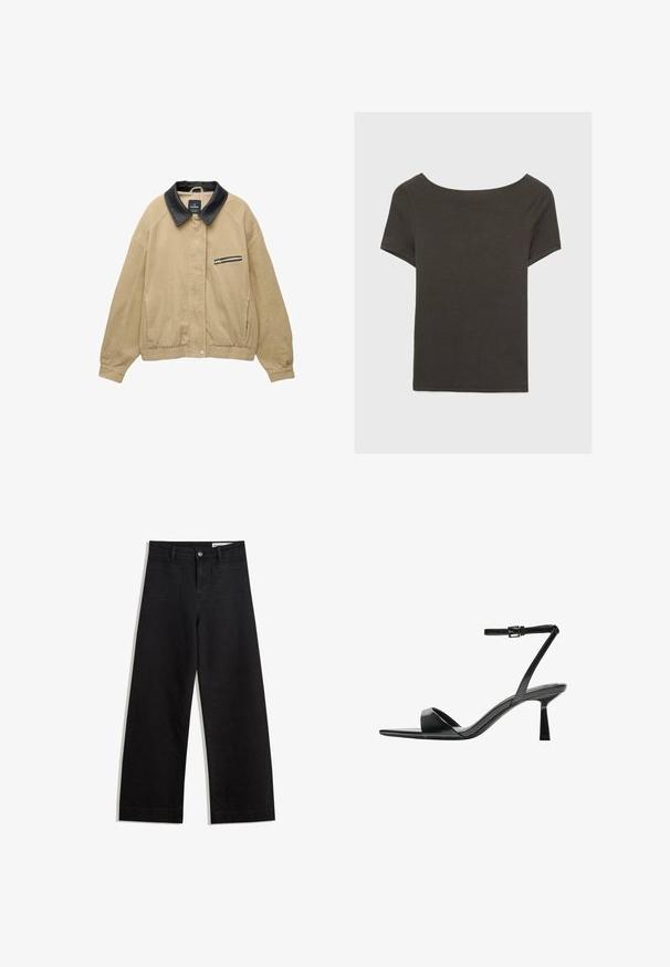 Beige kordfløjljakke med en sort læderkrave, frontlomme med lynlås, elastisk bund og lange ærmer. Simpel og struktureret design.; Mørkegrå kortærmet top med bådudskæring. Lavet af ribbet stof, med en afslappet pasform og en ren kant. Enkelt design, ingen mønstre.; Sorte wide-leg denim bukser med høj talje, der har front- og baglommer, syede sømme og en knaplukning. Glat tekstur.; Bershka Højhælede sandaletter / Højhælede sandaler - black