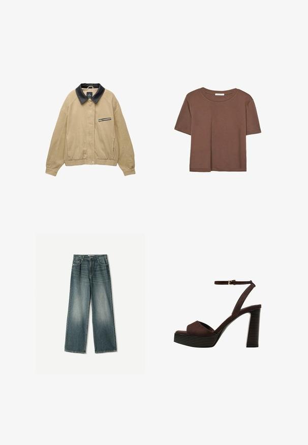 Beige kordfløjljakke med en sort læderkrave, frontlomme med lynlås, elastisk bund og lange ærmer. Simpel og struktureret design.; Brun kortærmet t-shirt lavet af blødt stof, med rund halsudskæring og afslappet pasform. Ingen synlige mønstre eller detaljer.; Bredde ben denim jeans i falmet blå vask, med fem lommer, knaplukning og subtile slidser foran.; Brune ruskinds højhælede sandal med åben tå, justerbar ankelrem og en stribet plade sål.