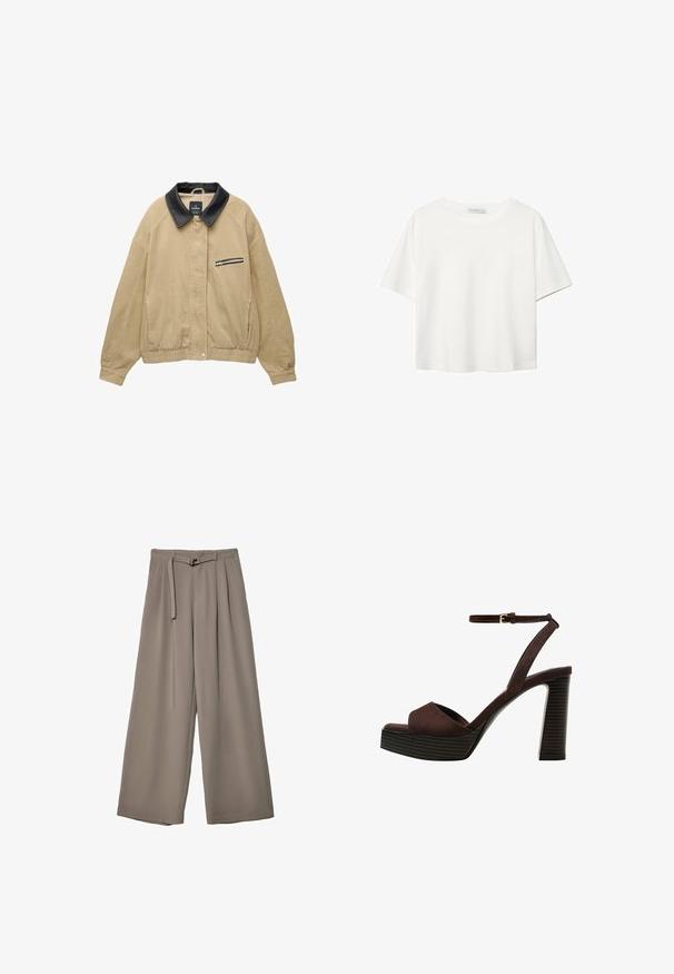 Beige corduroy-takki, jossa on musta nahkakaulus, vetoketjullinen etutasku, joustava helma ja pitkät hihat. Yksinkertainen ja ryhdikäs muotoilu.; Valkoinen lyhythihainen T-paita, joka on tehty puuvillasta. Siinä on pyöreä kaula-aukko ja rento malli. Silkkinen pinta ilman näkyviä kuvioita tai koristeita.; Suurille lahkeille housuille pehmeässä, hillityssä harmaassa kankaassa, jossa on vyötäröllä vyö ja lisää muotoilun yksityiskohtia kuploissa. Sileä rakenne, ei kuvioita.; Ruske kožne sandale s visokom potpeticom, otvorenim prstima, podesivim kopčanjem oko gležnja i prugastim platformskim đonom.