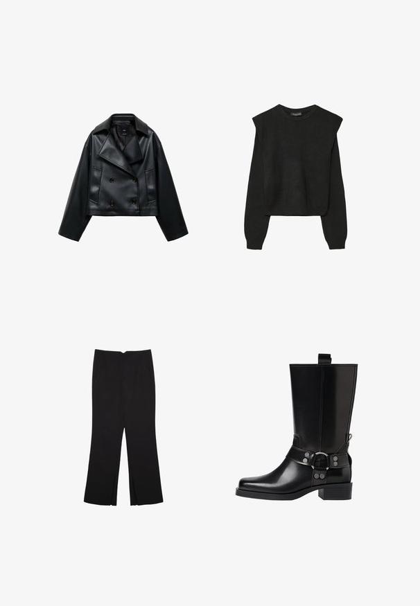 Izrezana crna jakna od umjetne kože s dvostrukim kopčanjem, širokim reverima i tri prednja gumba. Glatka tekstura i dva kuta džepa.; Crna pletena dugoslojna majica sa podloženim ramenima i rebrastim manžetama i rubom, prikazana na bijeloj pozadini.; Crne hlače ravnog kroja, s prednjim džepovima i bočnim prorezima na rubu. Izrađene od mekog i glatkog materijala. Pogodne za razne prigode.; Crne kožne čizmice do koljena s šiljastim prstima, sličnim srebrnim kopčama i debelim potplatima. Imaju rupicu za lakše oblačenje.