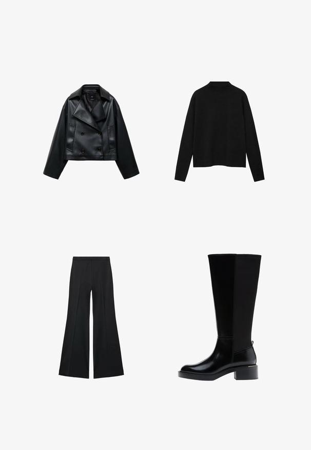 Przycięta czarna kurtka z sztucznej skóry o podwójnym zapięciu, szerokich klapach i trzech guzikach z przodu. Gładka faktura i dwie ukośne kieszenie.; Czarny sweter z golfem wykonany z miękkiego materiału, z długimi rękawami i luźnym krojem, o czystym, minimalistycznym designie.; Czarne spodnie o szerokich nogawkach z gładką teksturą, z przodu ozdobione zakładkami i skrojonym fasonem. Materiał jest lekki i zwiewny.; Czarny kozaki za kolano z gładkim wykończeniem ze skóry, widocznym przeszyciem, masywnym obcasem i fakturowanym tylnym panelem dla dodatkowego efektu.