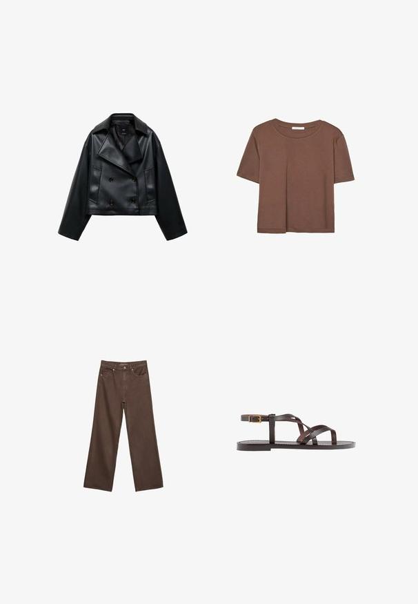 Izrezana crna jakna od umjetne kože s dvostrukim kopčanjem, širokim reverima i tri prednja gumba. Glatka tekstura i dva kuta džepa.; Smeđi kratki rukav majica od mekog materijala, s okruglim izrezom i opuštenim krojem. Nema vidljivih uzoraka ili naglasaka.; Proširene smeđe traperice od denima, s visokim strukom, prednjim džepovima i klasičnom kopčom na dugme. Glatka tekstura s suptilnim šavovima.; Smeđe kožne sandale s iskrižanim trakama, umetkom za zapešće s kopčanjem i ravnim potplatom s minimalnim detaljima šivanja.
