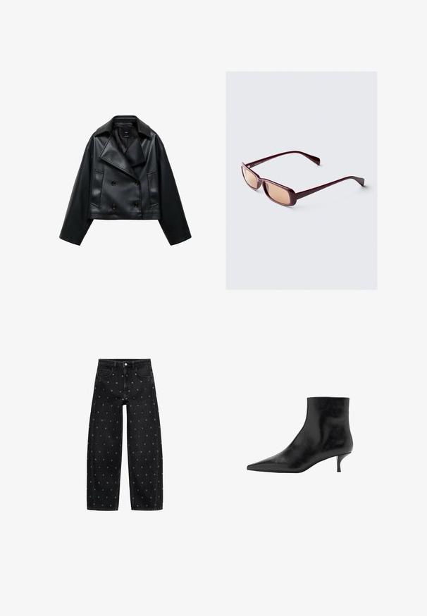 Veste en simili cuir noir coupée, avec un design croisé, des revers larges et trois boutons à l'avant. Texture lisse et deux poches angulaires.; Débardeur noir à côtes associé à un jean en denim bleu ample. Les jeans présentent un design classique à cinq poches et une fermeture à bouton.; Jean en denim noir à jambe large, ornés d'un motif de petits œillets en acier inoxydable, avec un design classique à cinq poches et une fermeture à bouton.; Bottine noire en cuir avec un bout pointu, un talon aiguille fin et une texture lisse. Design simple, sans accents décoratifs.; Lunettes de soleil bordeaux avec monture rectangulaire, verres dégradés et branches élégantes. Le matériau a une finition lisse et brillante.
