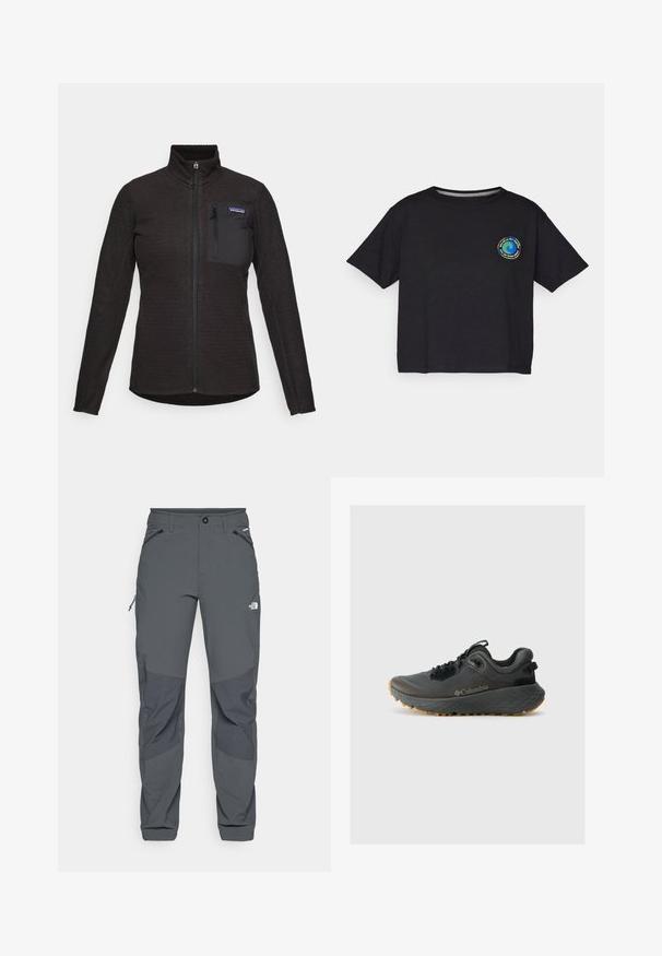 Casaco de fleece preto com fecho total, padrão texturizado, mangas longas, gola alta e bolso no peito com fecho e rótulo da marca.; T-shirt preto de algodão com mangas curtas, apresentando um logótipo circular multicolorido no peito. Barra reta e ajuste descontraído.; Calças de exterior cinza escuras com remendos reforçados nos joelhos, bolsos laterais e frontais com fecho éclair, fecho de botão e o logotipo The North Face na coxa.; Columbia TERRASTRIDE CRZ - Sapatos de caminhada - shark/black