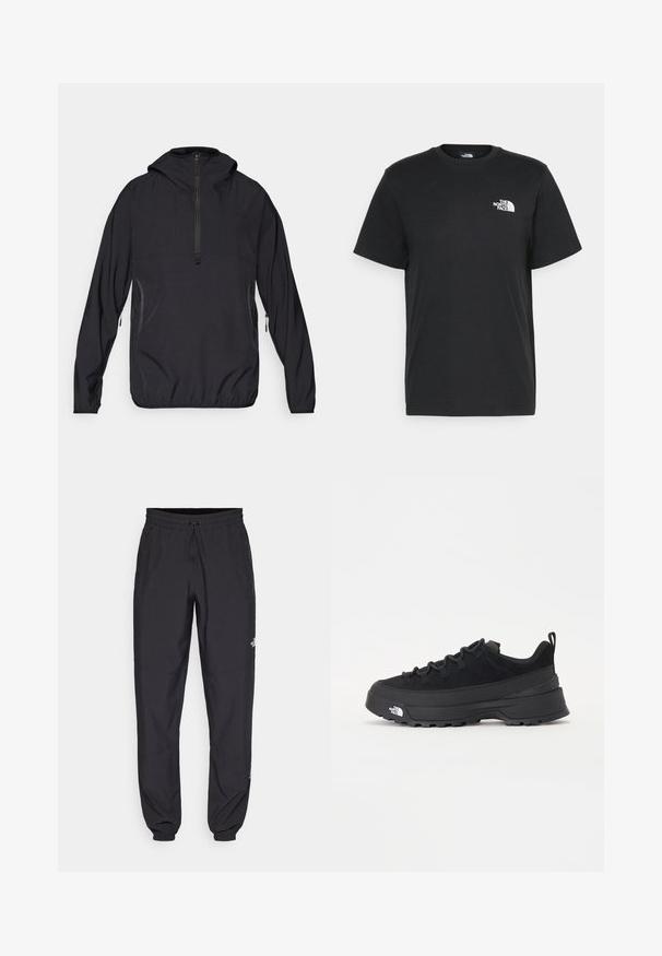 Černá mikina s kapucí, poloviční zip vpředu, elastický lem a boční kapsy, vyrobená z lehkého, prodyšného materiálu.; Černé bavlněné tričko s krátkými rukávy, kulatým výstřihem a malým bílým logem na levém hrudníku. Jednoduchý design, hladká textura a uvolněný střih.; Černé sportovní kalhoty vyrobené z lehké tkaniny, s páskem na šňůrku, bočními kapsami a zúženými manžetami na kotnících.; Černé venkovní tenisky s horní částí ze semiše, texturovanou gumovou podrážkou a pevným šněrováním. Obsahují zesílenou patu a logo značky na boku.