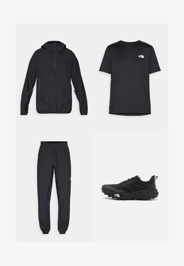Fekete pulóverdzseki kapucnival, félig zippes elöl, elasztikus alsó résszel és oldalsó zsebekkel, könnyű, légies anyagból készült.; Fekete, rövid ujjú póló, könnyű anyagból készült. Bal mellen egy kis fehér logó található, és finom vállrész kiemelések.; Fekete sportnadrág, könnyű anyagból készült, húzózsinóros derékkal, oldalsó zsebekkel és szűkített szárakkal a bokáknál.; Fekete terepfutó cipő, textúrált felső résszel, gumitalppal és megerősített lábujjrészével. Párnázott bokarésszel és húzófüllel rendelkezik a könnyű felhúzáshoz.