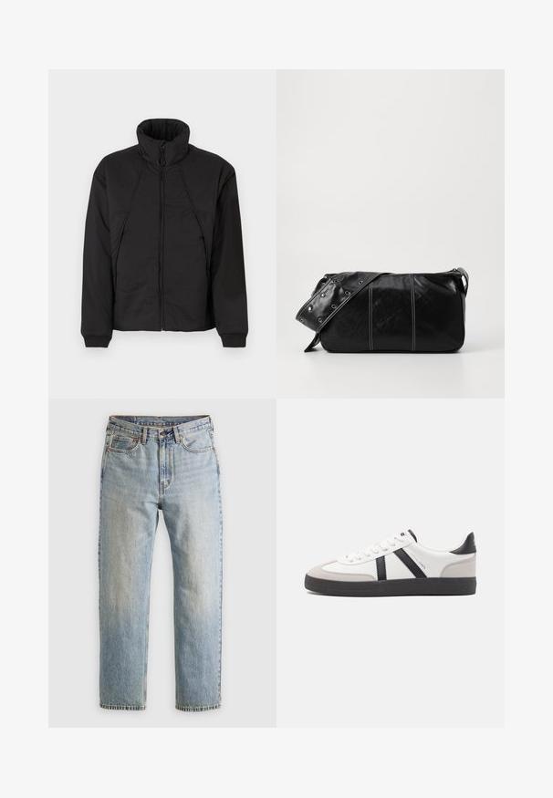 Must must õhuke jakk kõrge kaelusega, lukuga ja elastsete mansettidega. Omab kerget tekstuuri ja minimalistlikku disaini.; Beige neljandiku-kraega kapuutsiga sviiter pehmest kudumiskangast. Omab soonikkoes krae ja varrukaääri, lõdva istuvuse ja sujuva disainiga.; Heledad hele sinine teksapükste kõrge vöökoht, ees nupuga, lukuga ja viie taskuga disain, asetatud tasasele neutraalsele taustale.; Valged tossud mustade ja hallide aktsentidega, tekstureeritud halli varbakattega, musta kummitald ja lamedad valged paelad. Puhtad jooned, minimalistlik stiil.; Must mustra nahkainine õlakott, millel on tõmblukk, tekstureeritud pind, valged õmblused ja rihm hõbedaste rõngastega.