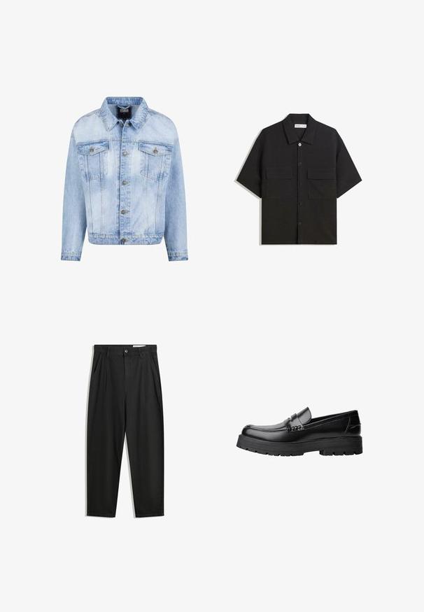 Svijetloplavi traper jakna s dugim rukavima i kopčanjem sprijeda. Ima dva džepa na prsima. Karakteriziraju je izblijeđena tekstura i zlatne metalne akcenti.; Črna kratkotrajna srajca iz tkanine z gladko teksturo, ima dve sprednji žepki, klasičen ovratnik in zapiranje na gumb.; Črne bombažne hlače s sproščenim krojem, ki vključujejo klasičen pas, sprednje gube in stranske žepke. Gladka tekstura brez vzorcev.; Črne usnjene loafersice s debelim profiliranim podplatom in dekorativnim pasom čez zgornji del, prikazane v levem stranskem profilu na beli podlagi.