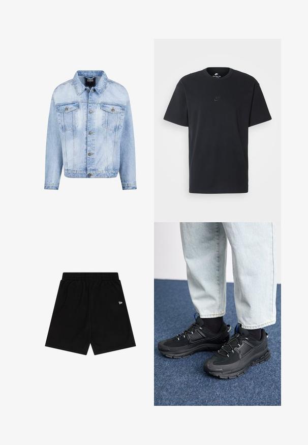 Vaaleansininen farkkutakki, jossa on napit edessä, kaksi rintataskua ja pitkät hihat. Ominaisuuksiin kuuluu haalistunut pinta ja kultasävytteiset metallikoristeet.; Nike musta musta T-paita, jossa on klassinen pyöreä kaula-aukko, lyhyet etkä hihat sekä hillitty, kohopainettu logo rinnassa. Silkkinen rakenne.; Musta lyhythihaiset shortsit, jotka on valmistettu pehmeästä kankaasta, jossa on joustava vyötärö. Edessä on pieni valkoinen logo. Yksinkertainen muotoilu ja suora leikkaus.; Mustat urheilukengät, joissa on teksturoitu kangas ja kumipohjat, elastiset nauhat ja sininen yksityiskohta kannassa. Yhdistetty vaaleisiin farkkuihin.