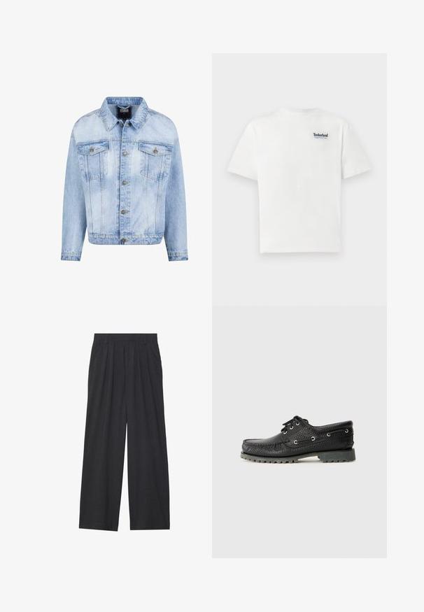 Világoskék farmerdzseki gombos elülső résszel, két mellzsebbel és hosszú ujjakkal. Használása során elhalványult textúrával és aranyszínű fém díszítésekkel rendelkezik.; Fehér pamut póló, melyen kék hímzett "Timberland Rugged Active Gear" logó található a bal felső mellen. Rövid ujjú és kerek nyakkivágású.; Sötétszürke anyagból készült, bő szárú nadrág. Ráncokkal a deréknál, elegáns fazonnal és egyenes sziluettel rendelkezik.; Fekete, texturált fűzős cipő, kerek orral, fémből készült fűzőlyukakkal és durva szürke gumitalppal. Az üstön fonott minta található.