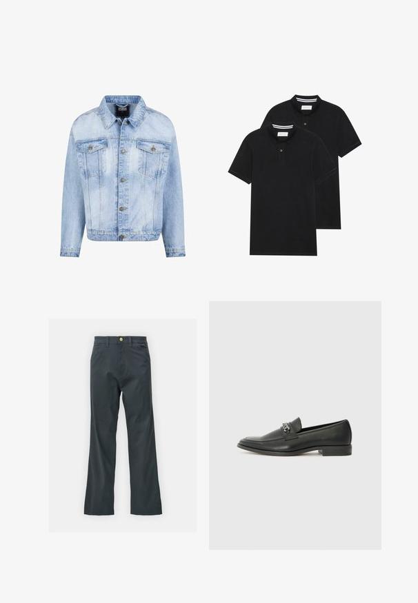 Svijetloplavi traper jakna s dugim rukavima, dugmadi sprijeda, te dva džepa na prsima. Ima izblijedjeli izgled i zlatne metalne detalje.; Dva crna polo majice, kratki rukavi, pamučni materijal, sa klasičnom ovratnikom, čepom sa dva gumba i bijelim prugastim detaljima unutar ovratnika.; Crne hlače s ravnim krojem, napravljene od tkanine s pamukom. Imaju metalnu dugmad za zatvaranje i bočne džepove. Nema vidljivih uzoraka.; Crna kožna loafer cipela s glatkom finišem, s ušivenim uzorkom i dekorativnim metalnim lancem preko prednjeg dijela. Ravni potplat.