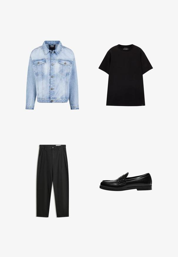 Vaaleansininen farkkutakki, jossa on napit edessä, kaksi rintataskua ja pitkät hihat. Ominaisuuksiin kuuluu haalistunut pinta ja kultasävytteiset metallikoristeet.; PULL&BEAR JOIN LIFE - T-paita - black; Mustat puuvillahousut rentoa mallia, joissa on klassinen vyötärö, etukangastukset ja sivutaskut. Sileä pinta ilman kuvioita.; Musta nahka loaferi, jossa on sileä pinta, ja joka sisältää ommeltuja yksityiskohtia vampissa sekä matalan, kiinteän mustan kumipohjan.