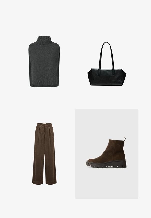 Mörkgrå stickad ärmlös tröja med ribbad polokrage och ribbad nederkant.; Kolgrå zip-up hoodie, tillverkad av mjukt tyg med dragsko-huva, framfickor och ribbade muddar och nederkant. Minimalistisk design.; Senapsgult kortärmad t-shirt med lös passform, rund halsringning och uppvikta ärmslut; tillverkad av mjukt, texturerat bomullstyg.; Bruna kordfløyelsbyxor med vida ben har hög midja, framfåll och en enkel knappstängning. Slät textur med subtila ribbor genom hela byxan.; Brun mocka ankelsko med en kraftig svart gummisula, med en lätt klack och en dragflik baktill för enkel påtagning.; Svart läderhandväska med långa handtag, rektangulär form, slät textur och snedställda sidor, med en minimalistisk design utan synlig hårdvara.