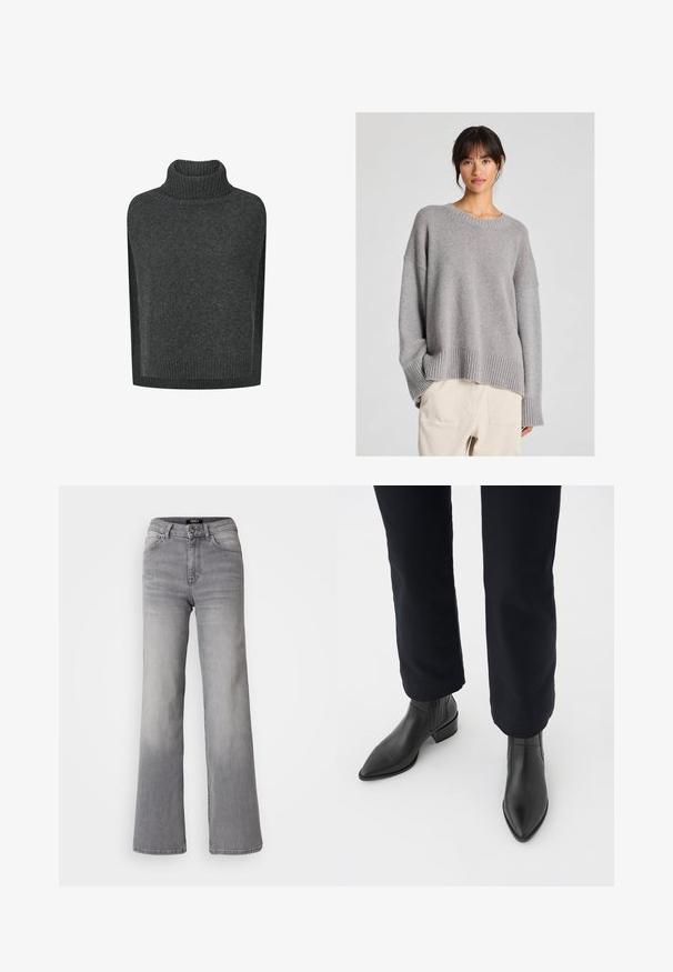 Mørkegrå strikket, ærmeløs sweater med ribstrikket rullekrave og ribstrikket kant.; Grå strikket sweater med en afslappet pasform, rund halsudskæring, ribbede madrationer og kant. Blød tekstur med et subtilt strikkemønster. Sammen med lyse bukser.; Højtaljede grå denim jeans med lige ben, med frontknap og lynlås, foran og bagpå lommer, samt nedtoning på lår og lægge.; Sorte læder ankelstøvler med spids tå, blokhæl og teksturerede sidepaneler, båret med mørke bukser mod en hvid baggrund.