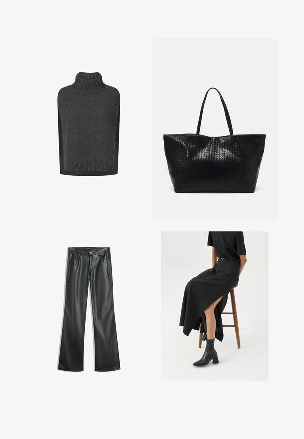 Mørkegrå strikket, ærmeløs sweater med ribstrikket rullekrave og ribstrikket kant.; Hvid kortærmet t-shirt lavet af bomuld. Har en rund halsudskæring og en afslappet pasform. Glat tekstur uden synlige mønstre eller detaljer.; Sorte faux læder flare bukser med en glat tekstur, fem-lomme design, lynlås foran og kontrasterende syninger.; Sort linned maxi-nederdel med en høj slids, båret med en sort t-shirt og sorte ankelstøvler. Minimalistisk design med en afslappet pasform.; Sort vævet tote bag med to robuste håndtag, der har en blank overflade og et rummeligt åbent top design.