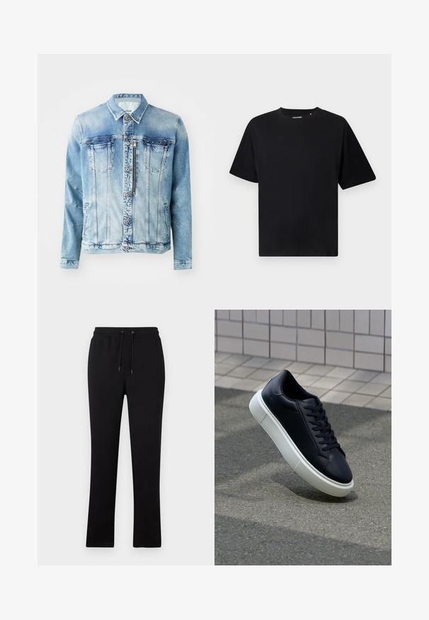 Svijetloplava traper jakna s dugmetima sprijeda, dva prednja džepa, bočna dva džepa i ovratnik. Ima izblijedjeli izgled i detalje od štepanja.; Crna kratka majica s kratkim rukavima i okruglim izrezom, opuštenog kroja, prikazana na bijeloj pozadini.; Crne trenirke s ravnim krojem nogavica, elastičnim pojasom s vezicom i bez vidljivih uzoraka ili detalja.; Crne kožne tenisice s zaobljenim vrhom i bijelim gumiranim potplatom. Imaju ravne vezice i minimalno šivanje na gornjem dijelu. Teksturirani potplat za bolje prianjanje.