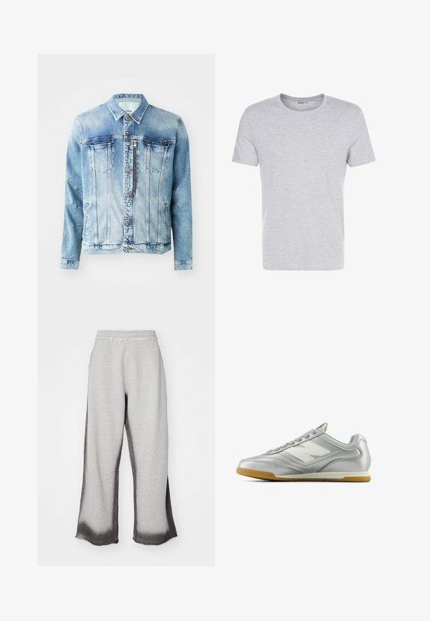 Vaaleansininen farkkutakki, jossa on napit edessä, kaksi rintataskua, sivutaskut ja kaulus. Ominaisuuksiin kuuluu haalistunut pesu ja yläommel yksityiskohtia.; Harmaa puuvillainen t-paita, jossa on pyöreä pääntie, lyhyet hihat ja yksinkertainen muotoilu. Paita on pehmeä ja sileä, eikä siinä ole näkyviä kuvioita tai koristeita.; Harmaat verkkarit, joissa on teksturoitu pinta, ja jotka saavat vähitellen tummanharmaan häivytyksen helmaan. Niissä on joustava vyötärö ja leveä lahje.; Hopea urheilukenkä, jolla on sileä, kiiltävä pinta, valkoinen logo sivussa, teksturoitu harmaa nauha ja kuminen pohja.