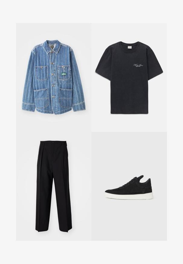 Heled sinine teksajakk, millel on vertikaalsed valged triibud, sisaldab nelja taskut, kraed ja kuldsetes toonides nööpe. Brändi silt on nähtav vasakul taskul.; Must have lühikesed varrukad ümmarguse kaelusega must T-särk, millel vasakul rinnal on väike valge "Filling Pieces" teksti logo.; Mustad volditud püksid sirge ja laia säärega disainiga. Valmistatud siledast kangast, millel on nuppudega sulgemine ja vööaasad.; Must mustel kingad valge kummist tallaga, millel on toon-toonis õmblused ja paeltega disain. Sile tekstuur ja moodne, voolujooneline kuju.