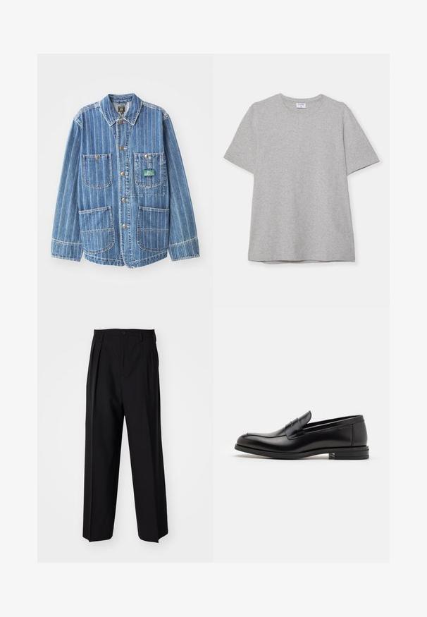 Giacca di jeans azzurra chiara con strisce bianche verticali, dotata di quattro tasche, colletto e bottoni dorati. Etichetta del marchio visibile sulla tasca sinistra.; T-shirt grigio a maniche corte realizzato in morbido tessuto testurizzato. Presenta un classico colletto a girocollo e un orlo dritto, adatto per un abbigliamento casual.; Pantaloni neri a pieghe con un design dritto e gamba larga. Realizzati in tessuto morbido, con chiusura a bottone e passanti per cintura.; Mocassini neri in pelle con una texture liscia, punta arrotondata e una striscia decorativa sulla tomaia. Tacco basso impilato, design minimalista.